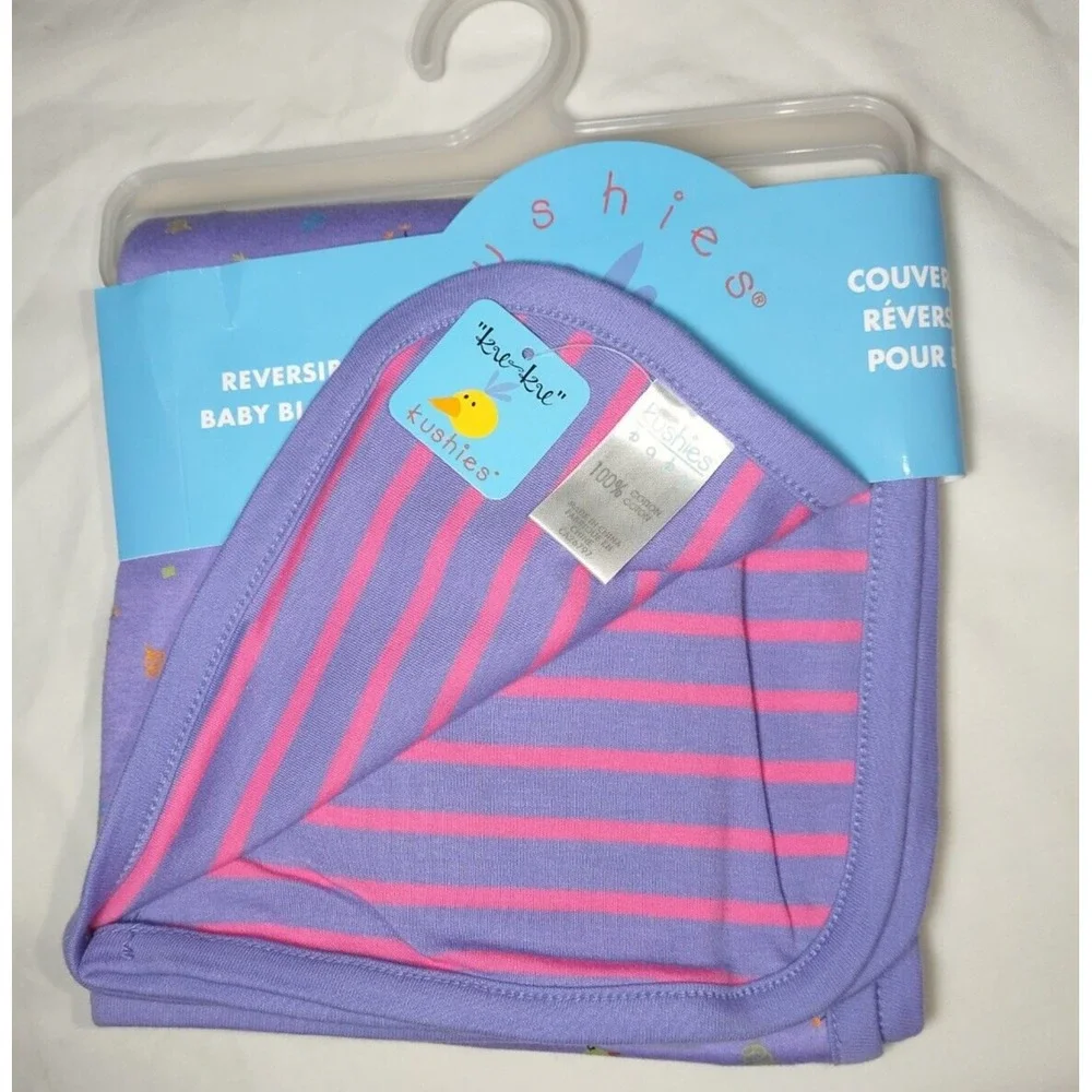 Kushies Purple Ku‎ Ku Bird Baby Blanket Pink Stripe Cotton Reversible Girl Lovey